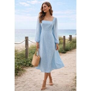 NEW! Fehaute Polka Dot Midi Milkmaid Dress Square Neck Puff Sleeve Womens US 8